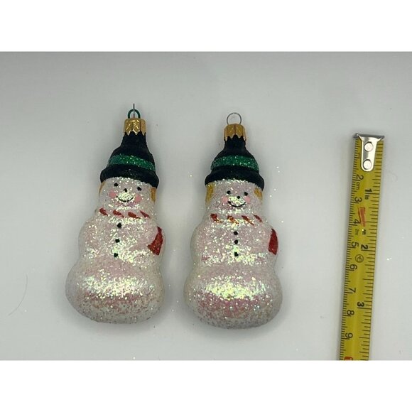Vintage Glitter Snowman Ornaments Set of 2 Retro Christmas Tree Decorations 4" - Picture 2 of 3